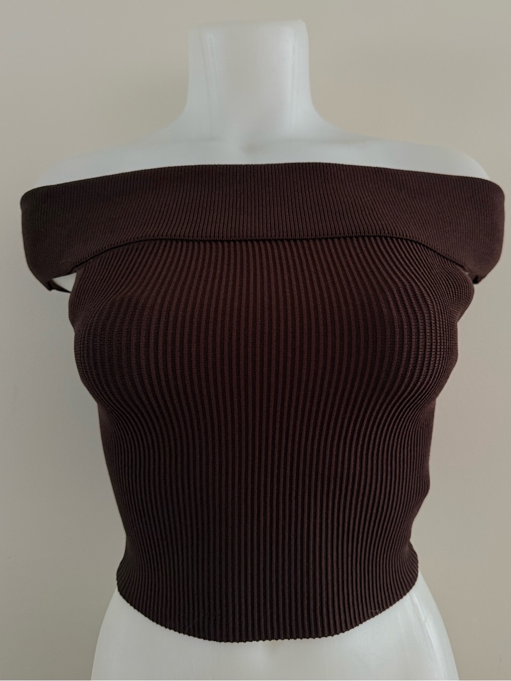 Aritzia Babaton Off-the-Shoulder Ribbed Crop Sweater Top Mocha BROWN Small